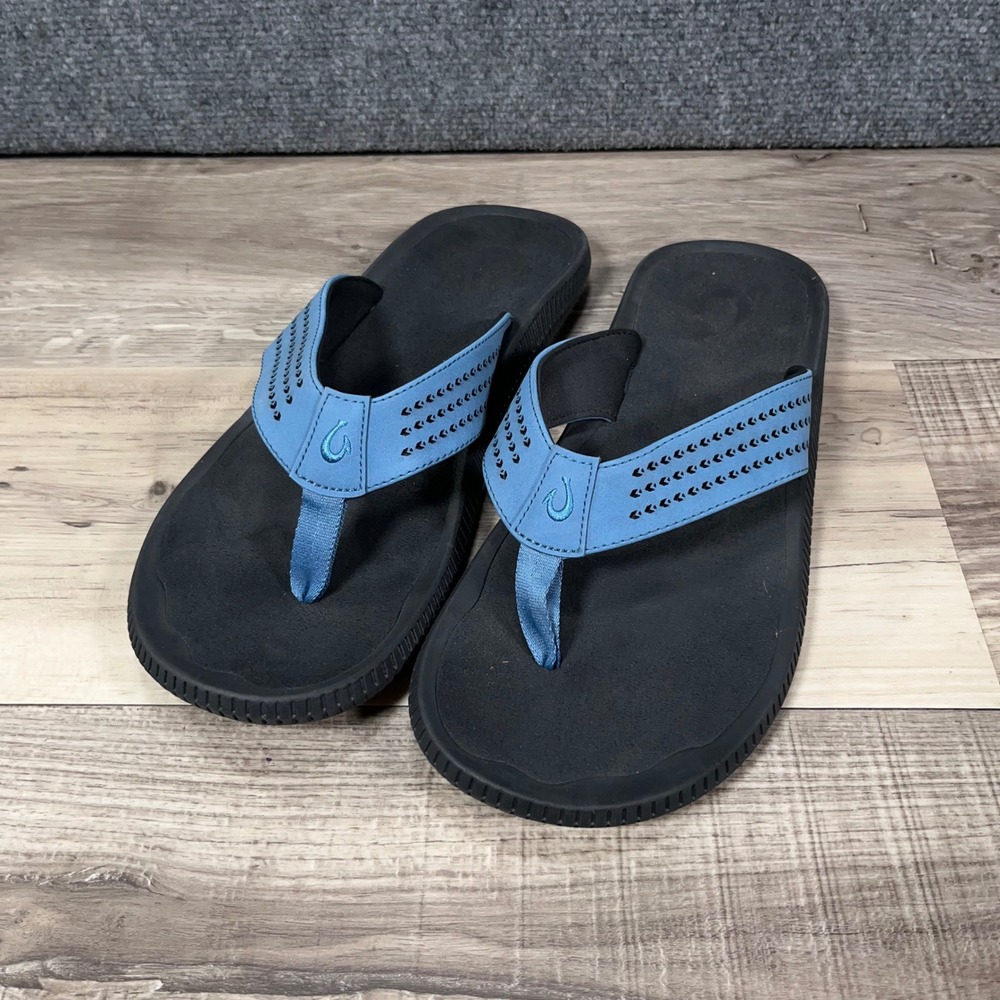 OluKai Ulele Flip Flop Sandals Mens 12 Water Friendly Beach Blue Fog Black EUC